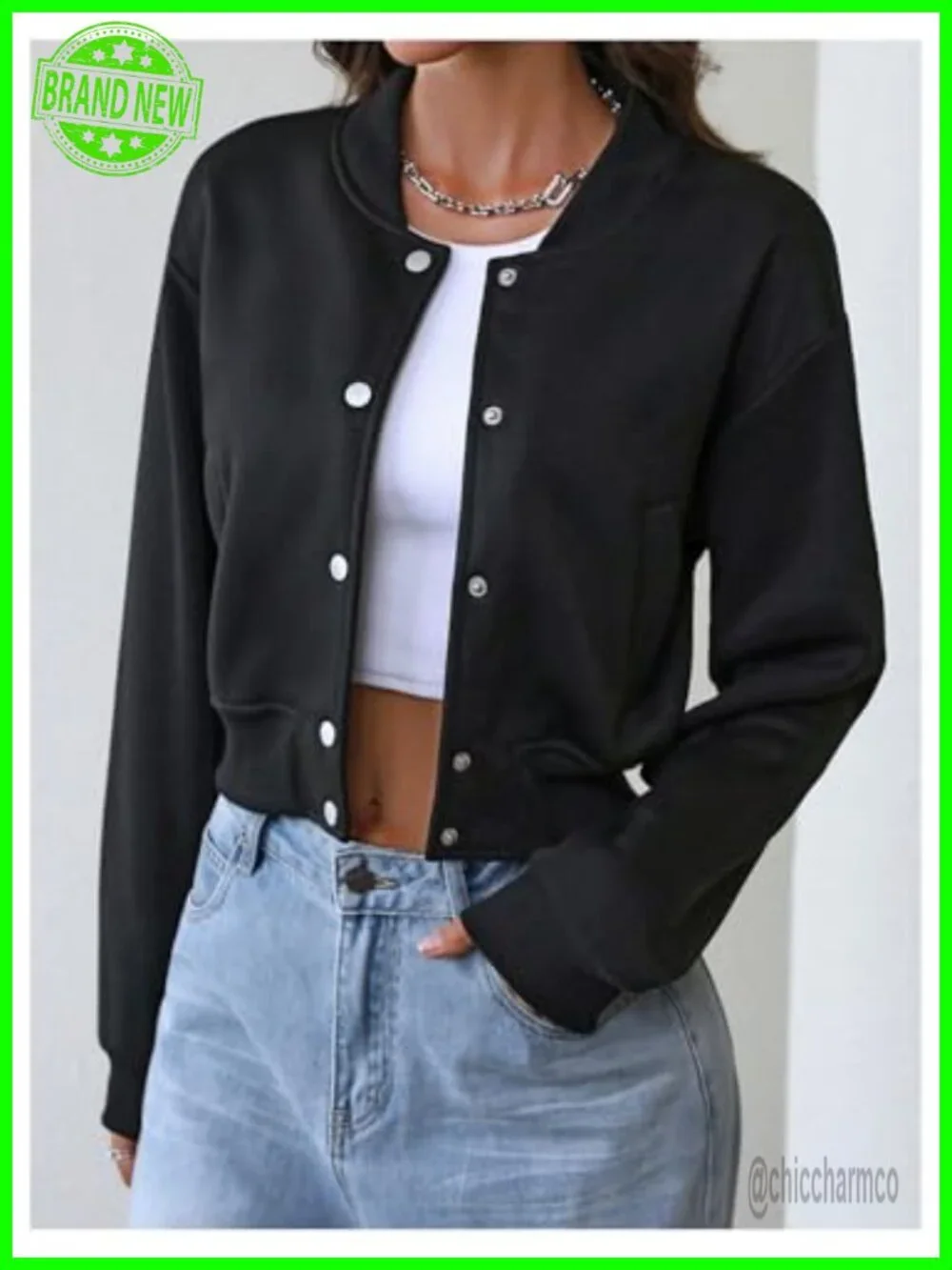 Women's Cropped Varsity Bomber Jacket Button Down Long Sleeve Streetwear